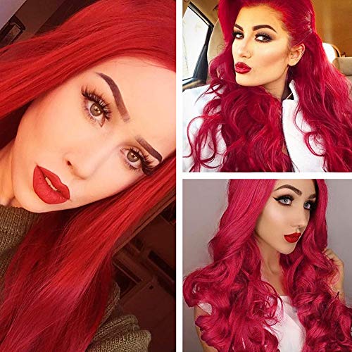 3 otters 28inch Red Wig Long Curly Hair, Red Cosplay Wig For Women, With Wig Cap and Comb