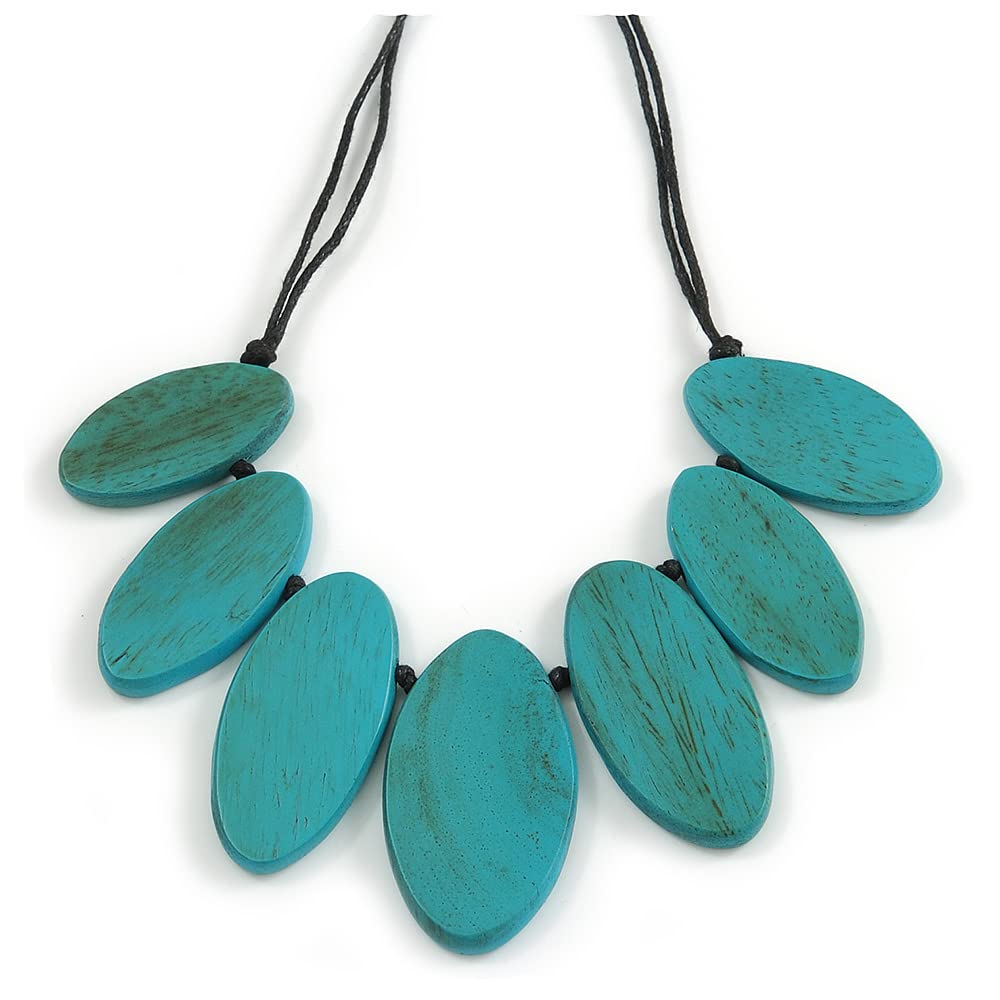 Avalaya Leaf Painted Turquoise Wood Bead Cotton Cord Necklace/70cm Max Length/Adjustable