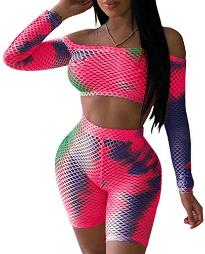Women's Sexy Mesh 2 Piece Outfits Summer Long Sleeve Crop Top Short Jumpsuits Set