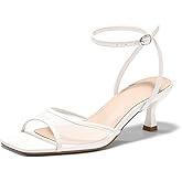 Coutgo Womens Kitten Low Heels Strappy Sandals Mesh Square Open Toe Buckle Ankle Strap Summer Dress Shoes