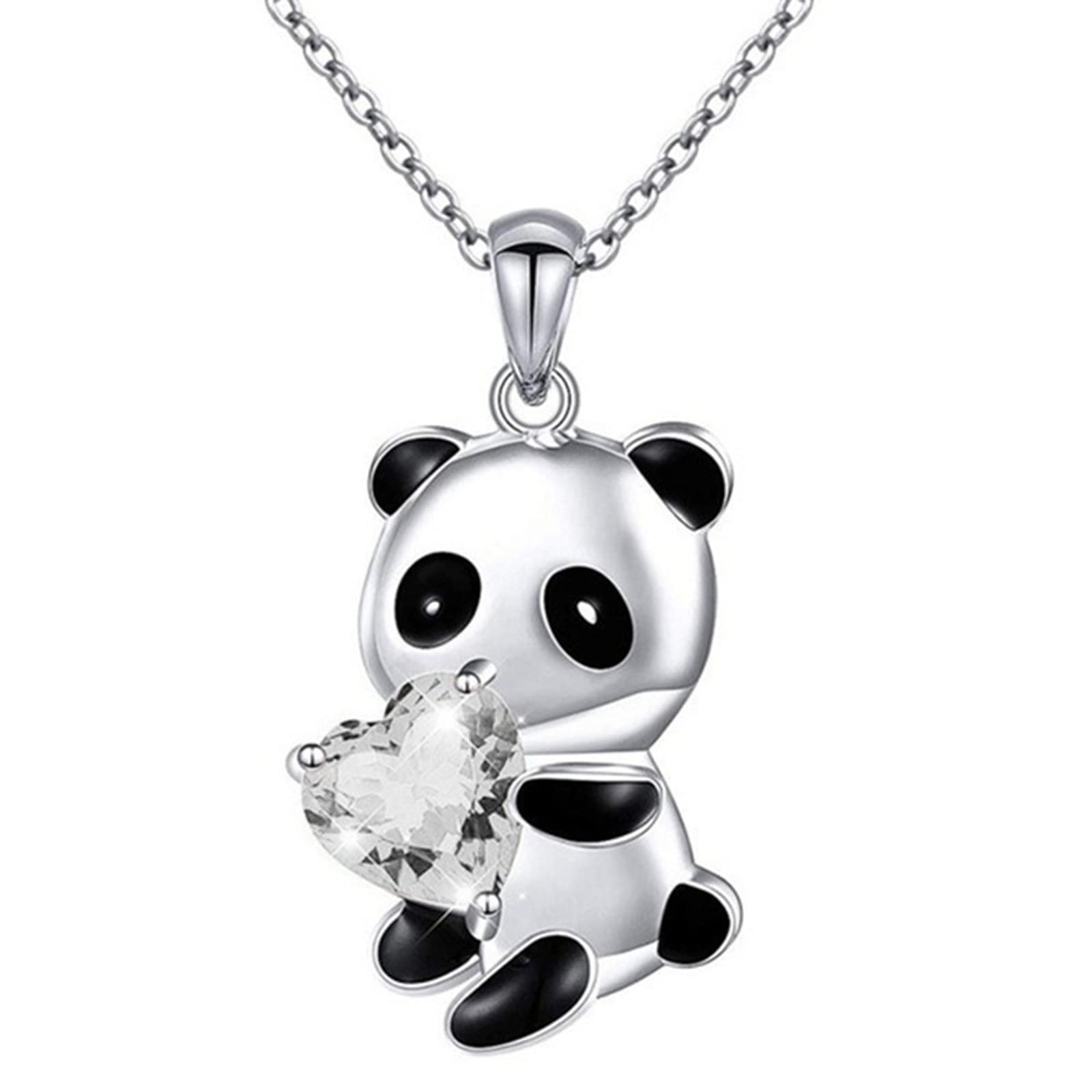 Yienate Panda Crystal Necklace - Silver White Heart Bear Pendant Chain - Cute Animal Charm Jewellery Gift for Women Girls