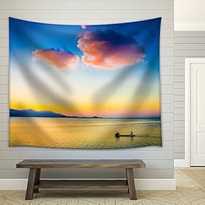 Fishing Boat with Fisherman at Sunset on KOH Samui - Fabric Wall Tapestry Home Decor - 51x60 inches