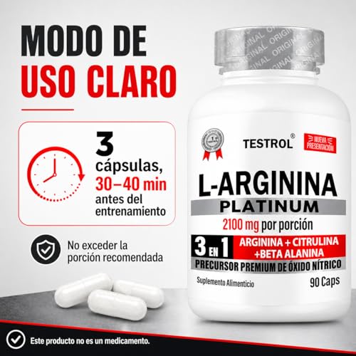 Arginina Platinum 2100mg por porción | L Arginina + L Citrulina + Beta Alanina | Pre Workout | Pre Entreno sin Cafeina | Precursor de Oxido Nítrico | Testrol TSN (90 Cápsulas).