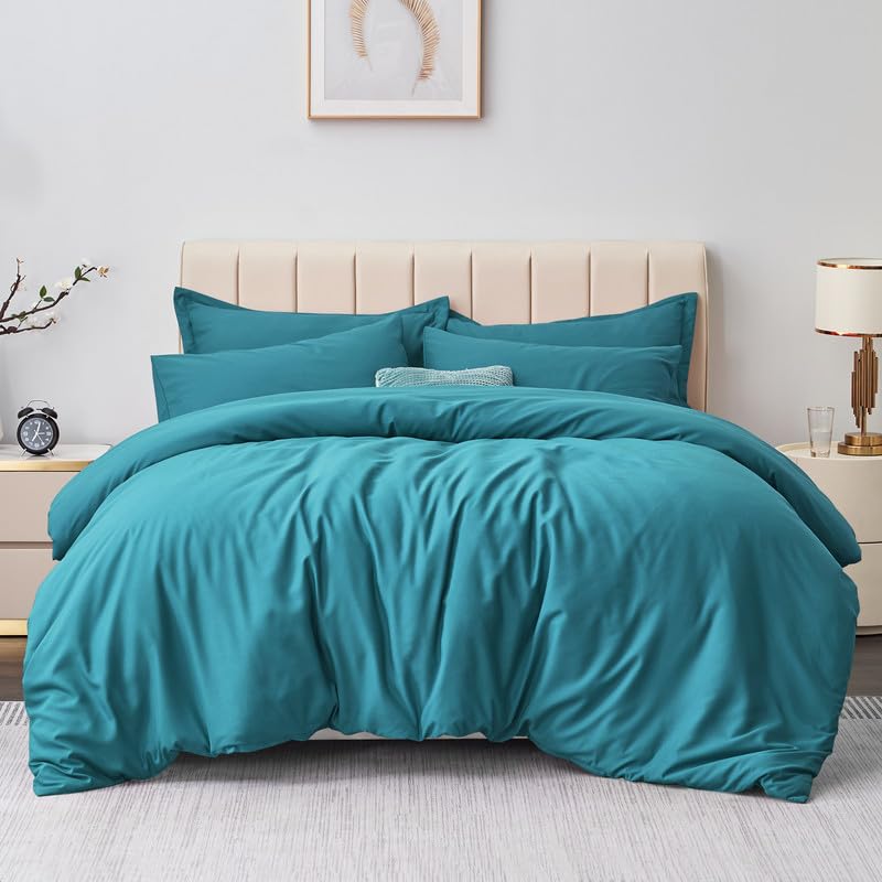 Aisbo Super King Duvet Covers Set Teal - 3Pcs Superking Size Bedding Set Soft Brushed Microfiber Quilt Cover with 2 Pillowcases