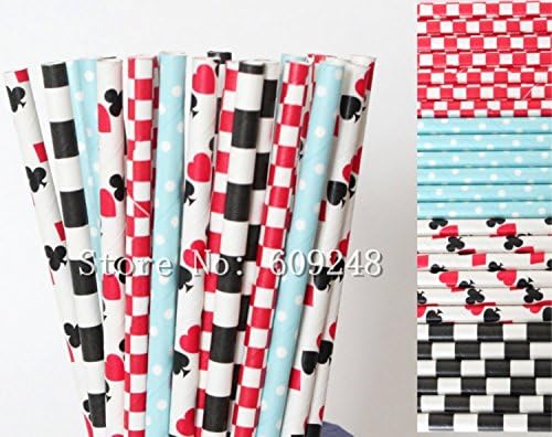 100pcs/lot Mixed Colors Alice in Wonderland Paper Straws,Red Checkered,Light Blue Dot,Black Sailor Striped,Playing Cards Queen Hearts Straws Party Supplies