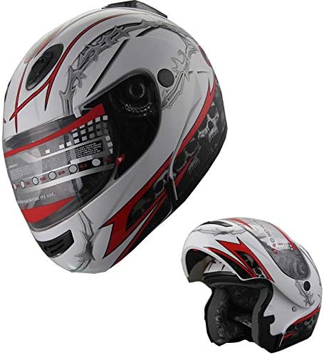 MRC Motorcycle Flip up Modular Full Face DOT Snowmobile Helmet with Anti-Fog Shield White/Red (XL)