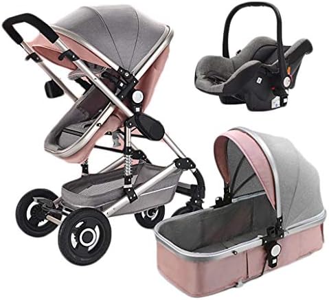 PLDDY Prams 3-in-1 Stroller, Multi-Function Two-Way High Landscape Sitting and Lying Folding Portable Shockproof Travel Baby Carriage (Color : Pink)