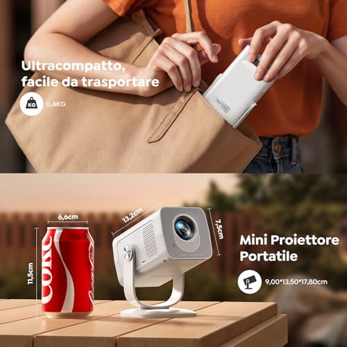 [Android 14|Short Optics]WIFI6 Projector and Portable Projector Bluetooth 5.4 Two-Way Support 1080P 4K Mini Video Projector Car Keystone 270° Rotation for Outdoors/Phones/HDMI/USB/TV Stick