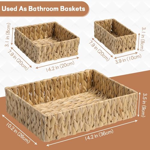 Excefore Wicker Basket, 3-Pack Natural Water Hyacinth Storage Baskets with Built-in Handles, Rectangular, for Home & Kitchen Organization
