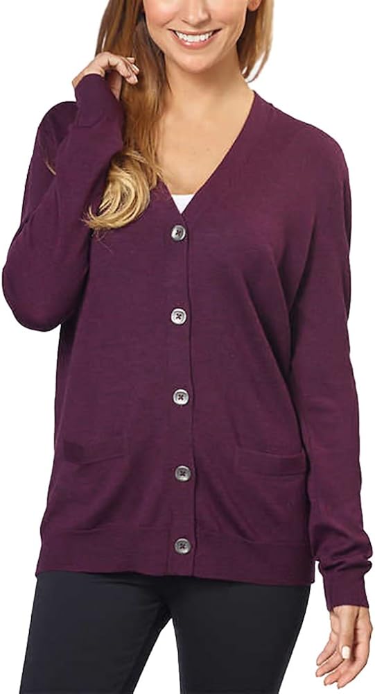 Kirkland Signature Women 100 Extra Fine Merino Wool Cardigan (Wine, XX