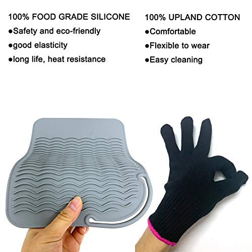 Heat Resistant Mat Pad and Heat Resistant Glove for Curling Irons, Hair Straightener, Flat Irons and Hair Styling Tools 9" x 6.5", Food Grade Silicone, Gray