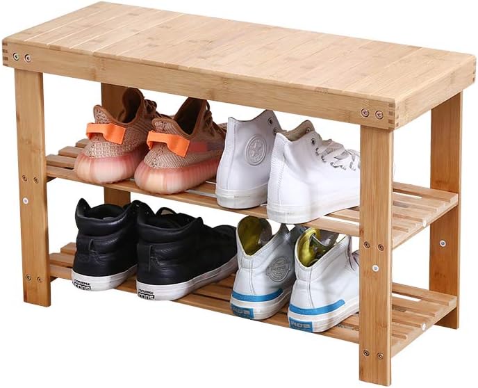 KKTONER Bamboo Shoe Rack Bench 3 Tier Entryway Seat Shoe Organizer Storage Shelf Natural Color: Kitchen & Dining