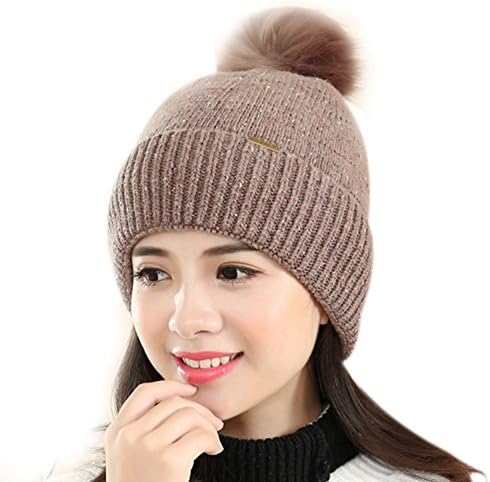 Roniky Winter Knit Hat Real Fox/Raccoon Fur Pom Pom Womens Girls Knit Beanie Hat