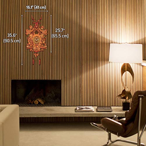 Polaris Clocks Cuckoo Clock in Black Forest Style with Night Mode Option and Hand Carved Deer Head (Brown, Deer & Squirrels)