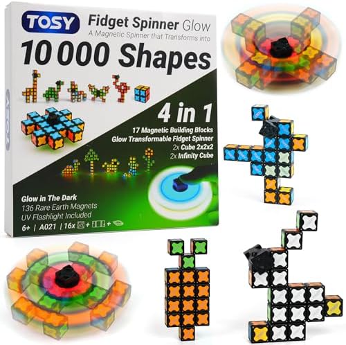 Magnet Fidget Spinner Glow – 16 Bausteine, 3-in-1: verwandelbarer Fidget-Spinner, Infinity-Würfel, 2x2 Puzzlewürfel, Leuchtend, Anti-Stress, STEM-Magnetspielzeug