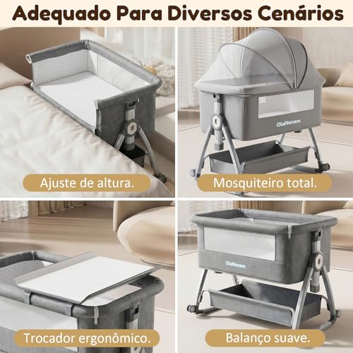 OLANENEM 6 em 1 Berço Portátil, Berço Moisés com Fraldário e Mosquiteiro, Berço Acoplado à Cama com Suporte Triangular de Aço Carbono, 6 Alturas e Inclinação Antirrefluxo 5°(Cinza)