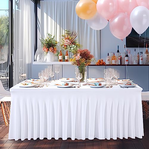 6 Packs White Table Clothes for 6 Foot Rectangle Tables, One-Piece Wrinkle Resistant Stretch Spandex Table Covers with Skirt for Event Banquet Wedding Birthday Party