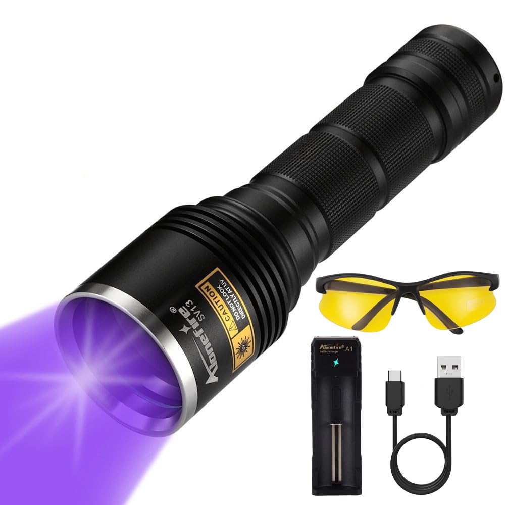Alonefire SV13 Powerful 15W 365nm UV Torch USB Rechargeable Ultraviolet Blacklight Flashlight Black Light Pet Urine Detector for Resin Curing, Mineral, Dry Stain with Battery Charger, Battery Included