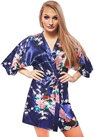 Rougeblues Women's Blue Floral Satin Kimono, Bathrobe &amp; Nightwear. for Wedding, Brides. Gown, Cover up &amp; Beachwear L