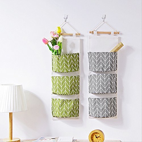 Over the Door Closet Organizer, 2 Packs Wall Hanging Storage Bags with 3 Pockets for Bedroom & Bathroom (Green + Gray)