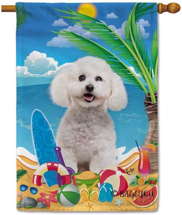 BAGEYOU Hello Summer My Love Dog Bichon Frise On The Beach House Flag Cute Puppy Children Toys Lemon Juice Watermelon Flip Flop Tropical Palm Decor Banner for Outside 28X40 Inch Print Double Sided