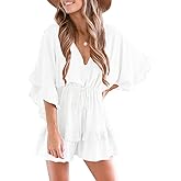 Valphsio Womens V Neck Beach Romper Ruffle Layered Drawstring Waisted Shorts Jumpsuit