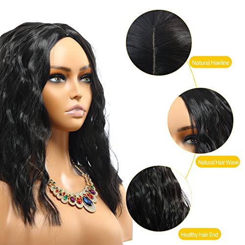 POPTAIYU Short Black Wavy Wigs Synthetic Shoulder Length Curly Wigs for Women Middle Part Bob Wigs for Daily Party Use (Black，15.7 inch)