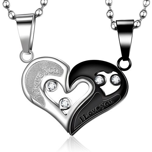 Evermarker Stianless Steel His & Hers Lover Heart-shape Couple Pendant Necklace (Black&silver)