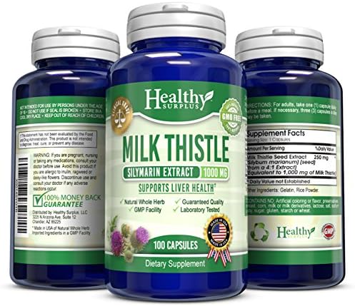 Healthy Surplus - Milk Thistle - 1000 mg - 100 Easy Swallow Capsules - Silymarin Extract