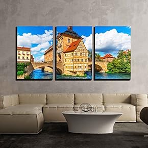 3 Piece Canvas Wall Art - Scenic Summer View of The Old Town Architecture - Modern Home Art Stretched and Framed Ready to Hang - 16"x24"x3 Panels