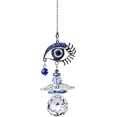 YU FENG Crystal Angel Suncatcher Ornament Blue Evil Eye Good Luck Charm | 12.5 Inch Size, Crystal Prism Pendant, Reflects Rainbow Light, Window or Christmas Tree Hanging Decor, Meaningful Gift