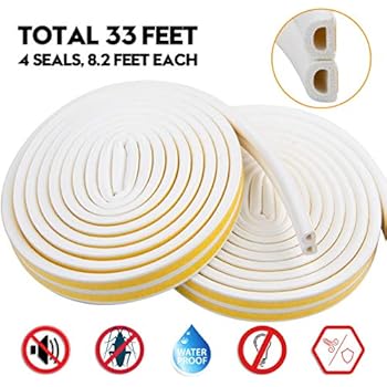 Weather Stripping for Door,Insulation Weatherproof Doors and Windows Soundproofing Seal Strip,Collision Avoidance Rubber Self-Adhesive Weatherstrip,2 Pack,Total 33Feet Long (White)