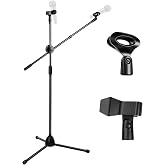 Bullfighter Mic Stand Floor Adjustable Boom Tripod Microphone Stands,Double Mic Stable On Stage for Singing,Portable Heavy Duty Two Mic Clip Holder with Boom Arm for Podcast,Studio,Karaoke,Live Events
