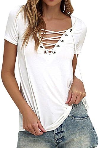 JasWell Women's Sexy Plain Deep V Neck Lace Up Short Sleeve Blouse Tops S,White