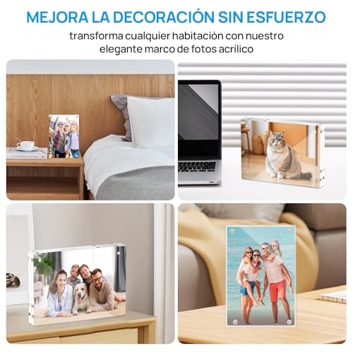 Paquete de 3 Marcos Acrílicos para Fotos - 4"X6" Marcos Magnéticos, Bloque de 0.8" de Grosor, Marcos Transparentes de Doble Cara que se Pueden Colocar en el Escritorio en Horizontal o en Vertical (TransparenteA, 4X6)