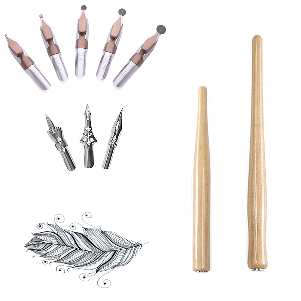 MiaLover 10 Piece Nib Set, Feather Holder with Drawing Nib for Comics, Feather Holder with Nib with 2 Wood Colour Wood Pen Holders, 8 Nibs for Caricaturists and Artists