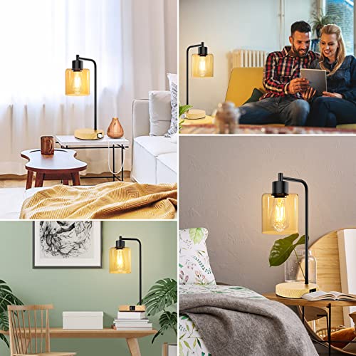 Industrial Table Lamp for Bedroom with USB Type-C AC Ports Amber Glass Lamp Shade Touch Control Bedside Lamp 3-Way Dimmable Nightstand Reading Lamp Set of 2 for Living Room,Office,2 LED Bulbs Include