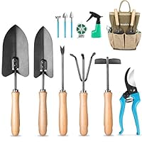 MOSFiATA Garden Tools Set, 12 Pieces Gardening Tools Ergonomic Oak Handle and Heavy Duty Hoe Rake Trowel Transplanter Weeder Professional Pruner Sprayer Rope Kit with Organizer Bag for Kids Women Men