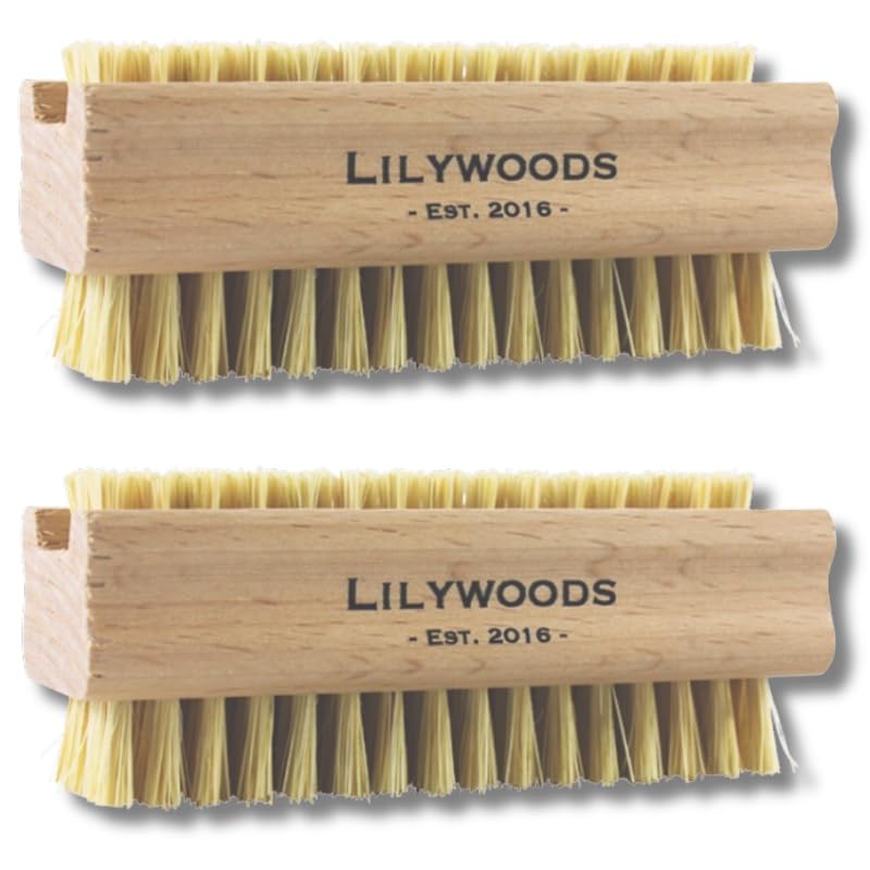 Lilywoods Extra Tough Wooden Nail Brush with Strong Cactus Double Sided Bristles - Twin Pack