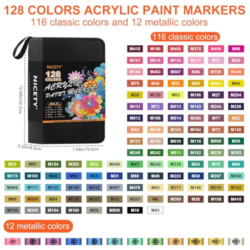 128 Acrylic Paint Markers, Dual Tip Brush Paint Pens for Adult Artists - Fine & Brush Tip Water Based Acrylic Markers for Canvas, Wood, Ceramic, Glass, Metal Surfaces