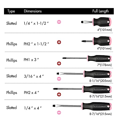 WORKPRO 6-Piece Pink Magnetic Screwdrivers Set, Includes 3 Slotted & 3 Phillips Screwdrivers, Stubby Screwdrivers, Soft TPE Handle, Cr-V Shank, Hand Tool Kit for Woman - Pink Ribbon