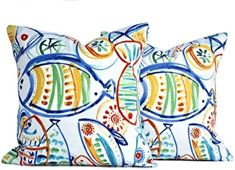 2 Aquatic Outdoor pillow covers, cushion, decorative throw pillow, Nautical pillow, accent pillow, outdoor pillow, Blue Yellow Green Red pillow case