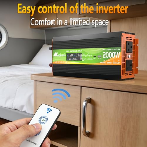 2000W Pure Sine Wave Inverter 12v To 240v Car Inverter 4000W Peak With 2 Uk Sockets, 30W USB-C, 5V 3.1A USB, LCD Display And Remote Controller For Motorhomes,Camping, Household Use And Vans
