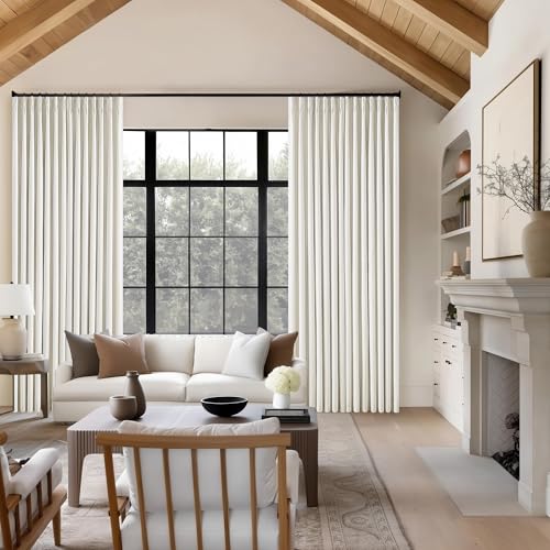 TWODRAPES 102 Inches Long Pinch Pleated Linen Blackout Curtains for Bedroom | Memory Trained Shape, 100% Blackout Light Blocking Curtains, for Living Dining Room, Natural Cream Farmhouse, with Back Tab