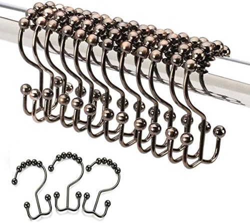 Ailive Double Shower Curtain Rings Hooks Stainless Steel Rustproof Metal Double Roller Glide Bathroom Shower Window Rod Curtains,Set of 12 Hook (Oil Rubbed Bronze)