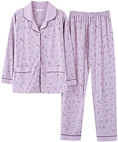VENTELAN Women's Notch Collar Sleepwear Long Sleeve Pajamas Cotton Pajama Set