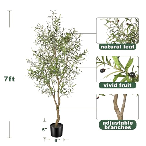 FEELEAD 7ft Faux Olive Tree - Fake Potted Olive Silk Tree with Planter Natural Olive Branches and Realistic Leaves Artificial Tree for Home House Office Decor Indoor