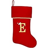 Subyan 20 Inches Initial Monogram Red Christmas Stocking, Personalized Large Embroidered Letter Velvet Christmas Stocking with Gold Trim Decoration for Family Christmas Holiday Party Decor(Letter E)