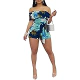 Salimdy Women's Sexy Off Shoulder Ruffle Sleeve Short Jumpsuit Floral Print Drawstring Rompers Clubwear