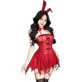 ZYTC Sexy Bunny Costume Christmas Cosplay Lingerie for Women See Through Red Mini Dresses Asymmetrical Black Bows Cute Set
